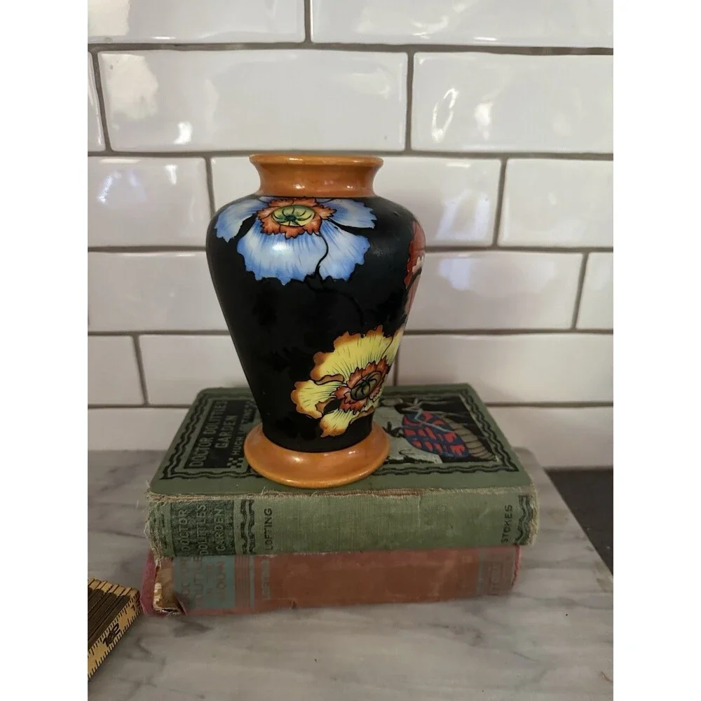 Orange Blue Red Poppy Black Flora Vase Japan Hand Painted 6.5”